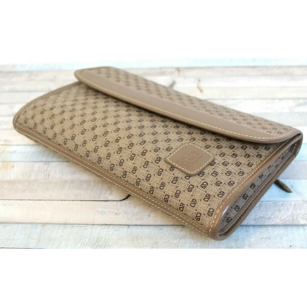 VINTAGE LUIS BEIGE BROWN LOGO PVC GENUINE LEATHER CLUTCH PURSE WALLET ENVELOPE